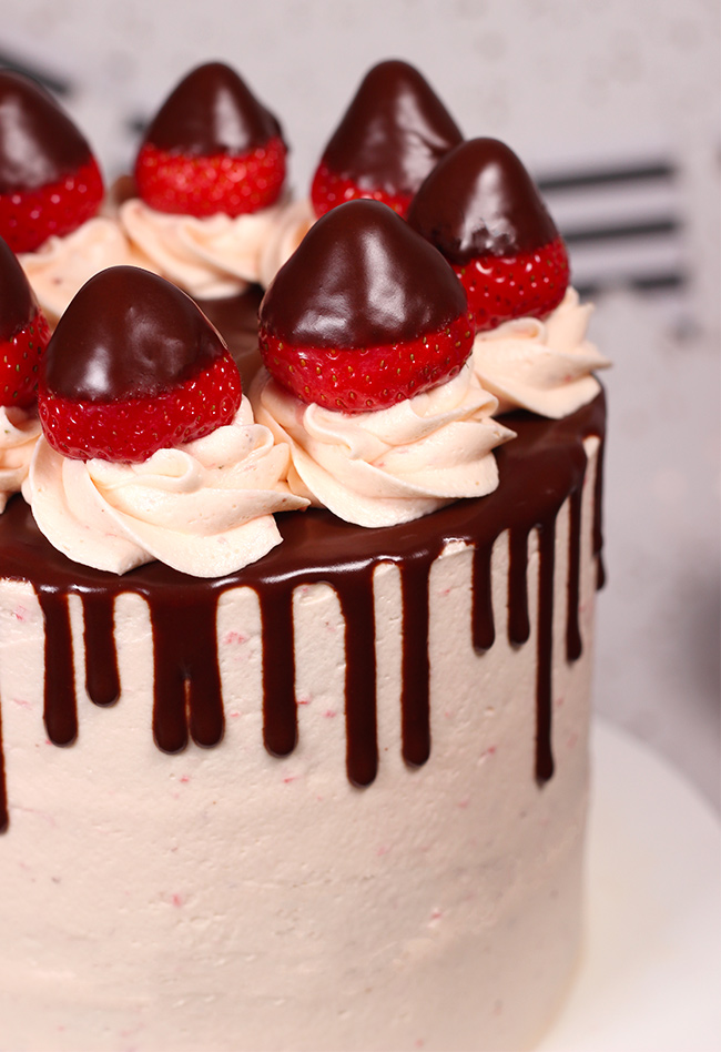 Chocolate Strawberry Drip Cake - Cakey Goodness