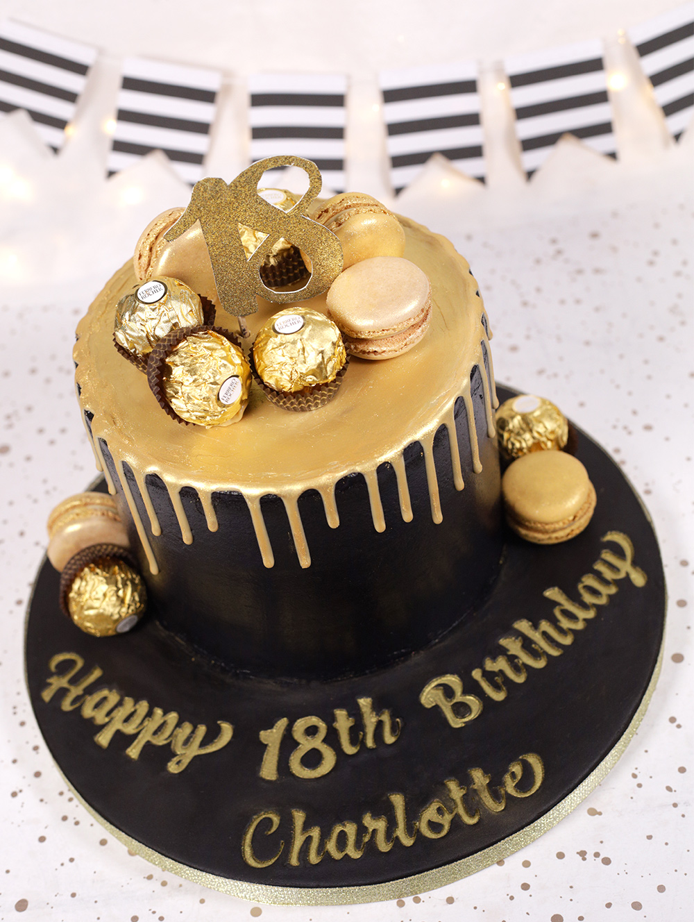 Black & gold 18th Birthday drip cake - Cakey Goodness